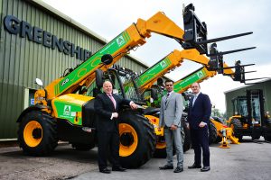 A-Plant has ordered more than £55 million worth of eqipment from JCB. Pictured left to right are JCB Chief Operating Officer Mark Turner, A-Plant Marketing Director Asif Latief and Tom Greenshields, National Accounts Director for dealer Greenshields JCB.